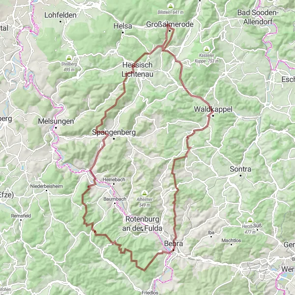 Karten-Miniaturansicht der Radinspiration "Gravel-Abenteuer rund um Hessisch Lichtenau" in Kassel, Germany. Erstellt vom Tarmacs.app-Routenplaner für Radtouren