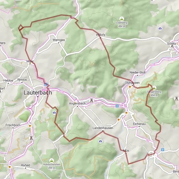 Map miniature of "Scenic Gravel Tour of Großenlüder" cycling inspiration in Kassel, Germany. Generated by Tarmacs.app cycling route planner