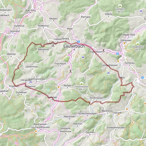 Map miniature of "Gravel Route with Challenging Ascend" cycling inspiration in Kassel, Germany. Generated by Tarmacs.app cycling route planner