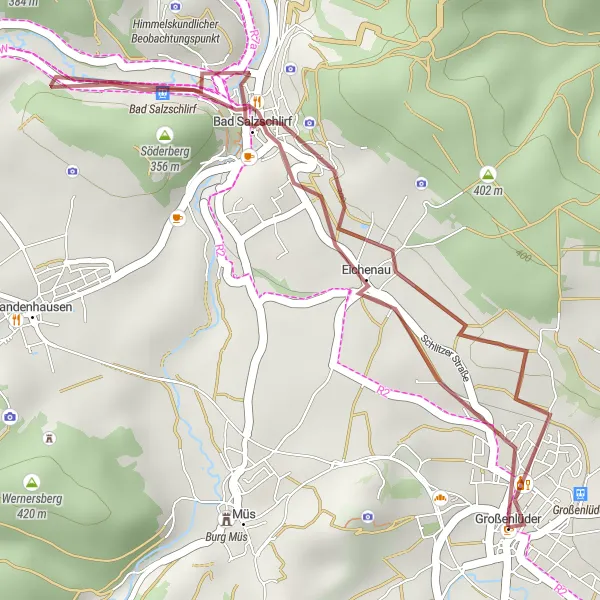 Karten-Miniaturansicht der Radinspiration "Kurze Gravel-Erkundung" in Kassel, Germany. Erstellt vom Tarmacs.app-Routenplaner für Radtouren