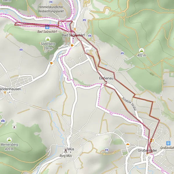 Map miniature of "Refreshing Gravel Ride" cycling inspiration in Kassel, Germany. Generated by Tarmacs.app cycling route planner