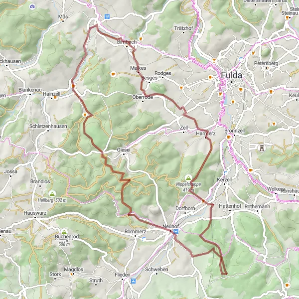 Map miniature of "Gravel Adventure through Scenic Routes" cycling inspiration in Kassel, Germany. Generated by Tarmacs.app cycling route planner