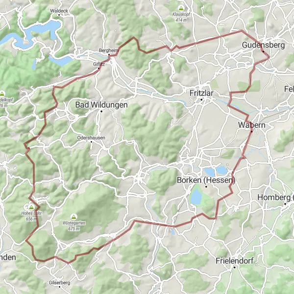 Map miniature of "Wabern and Schönstein Gravel Adventure" cycling inspiration in Kassel, Germany. Generated by Tarmacs.app cycling route planner