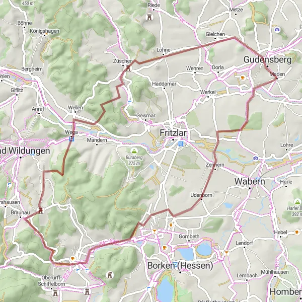 Map miniature of "Malstein Loop" cycling inspiration in Kassel, Germany. Generated by Tarmacs.app cycling route planner