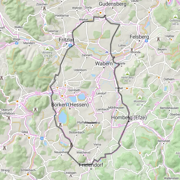 Karten-Miniaturansicht der Radinspiration "Rundfahrt um Gudensberg" in Kassel, Germany. Erstellt vom Tarmacs.app-Routenplaner für Radtouren