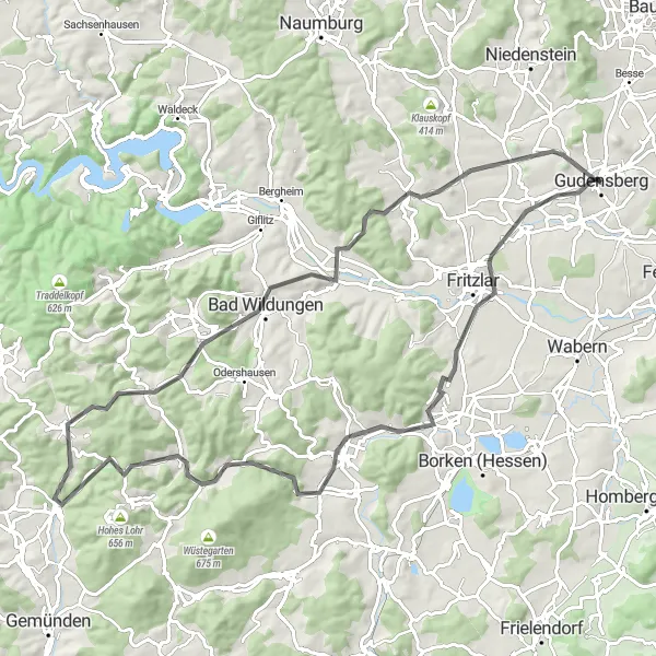 Map miniature of "Gudensberg Round-Trip" cycling inspiration in Kassel, Germany. Generated by Tarmacs.app cycling route planner