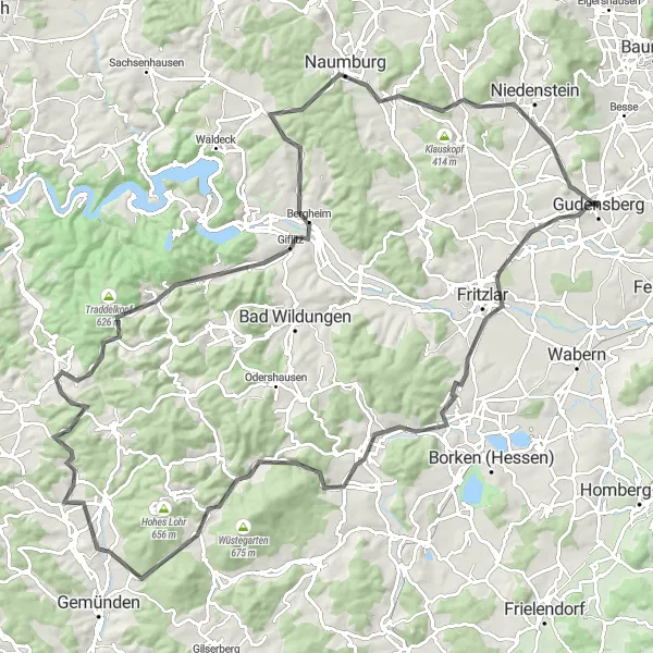 Karten-Miniaturansicht der Radinspiration "Abenteuerliche Fahrt durch Frankenau" in Kassel, Germany. Erstellt vom Tarmacs.app-Routenplaner für Radtouren