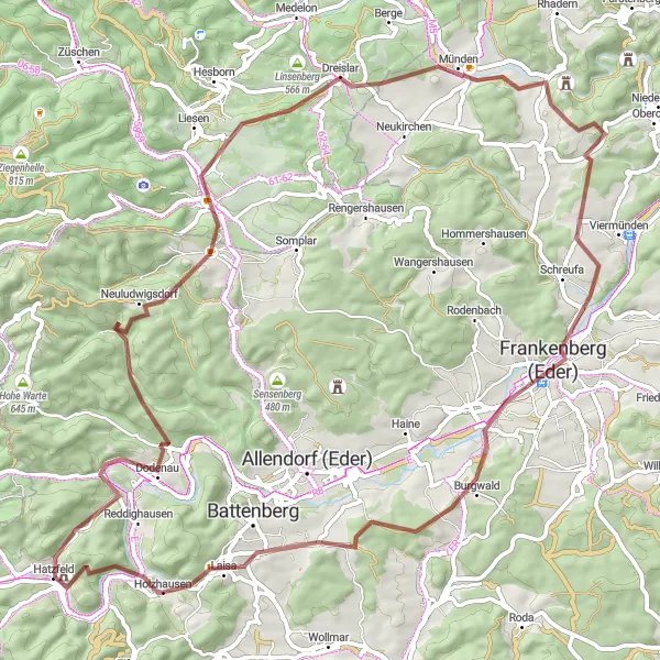 Map miniature of "Gravel Delights in Hatzfeld Surroundings" cycling inspiration in Kassel, Germany. Generated by Tarmacs.app cycling route planner