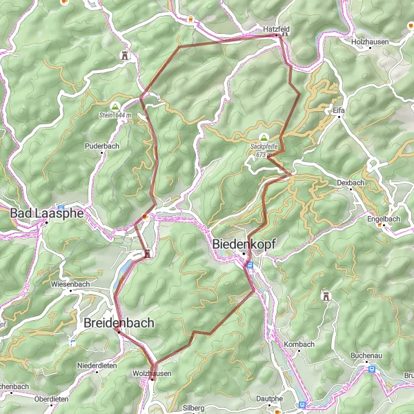 Map miniature of "Gravel Adventure to Sackpfeife" cycling inspiration in Kassel, Germany. Generated by Tarmacs.app cycling route planner