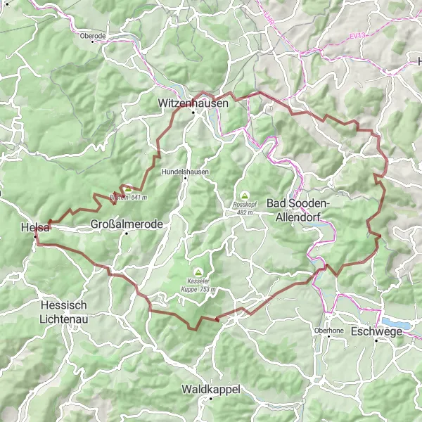 Map miniature of "Gravel Adventure in Northern Hessen" cycling inspiration in Kassel, Germany. Generated by Tarmacs.app cycling route planner