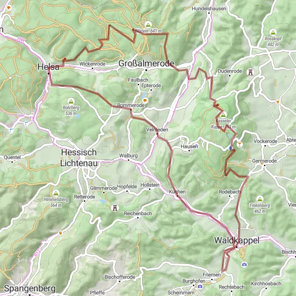 Map miniature of "Rugged paths and hidden treasures" cycling inspiration in Kassel, Germany. Generated by Tarmacs.app cycling route planner