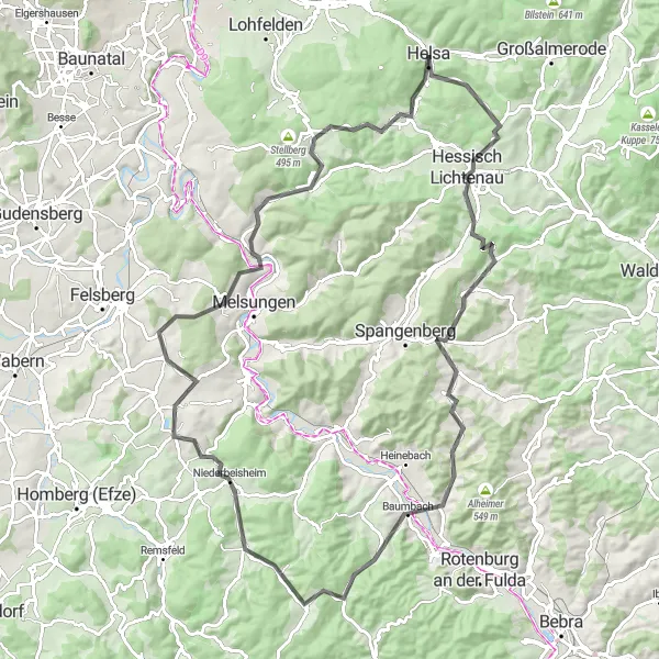 Karten-Miniaturansicht der Radinspiration "Rundfahrt von Helsa nach Trieschkopf und zurück" in Kassel, Germany. Erstellt vom Tarmacs.app-Routenplaner für Radtouren