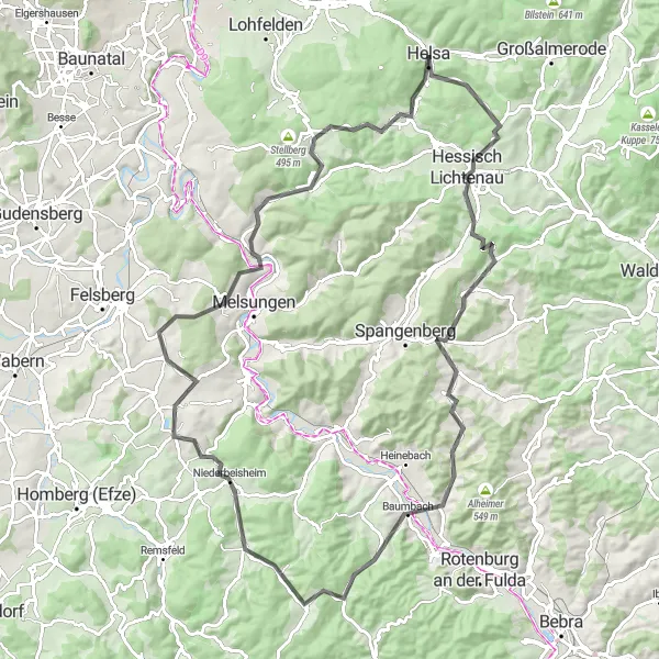 Map miniature of "Helsa - Buchberg Route" cycling inspiration in Kassel, Germany. Generated by Tarmacs.app cycling route planner