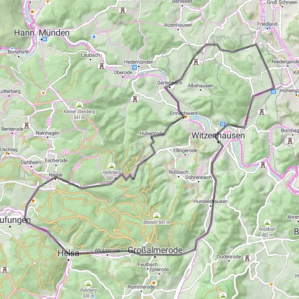 Map miniature of "Exploring the countryside" cycling inspiration in Kassel, Germany. Generated by Tarmacs.app cycling route planner