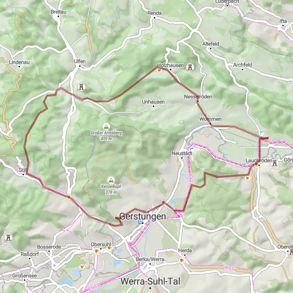 Map miniature of "Werra River Adventure" cycling inspiration in Kassel, Germany. Generated by Tarmacs.app cycling route planner