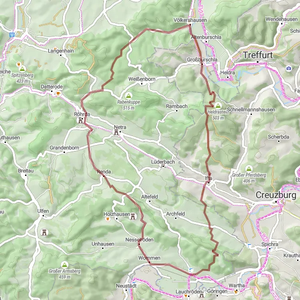 Map miniature of "The Gravel Adventure" cycling inspiration in Kassel, Germany. Generated by Tarmacs.app cycling route planner