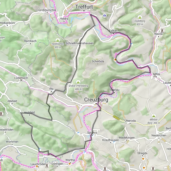 Karten-Miniaturansicht der Radinspiration "Roadtour rund um Herleshausen mit 55 km und 667 m Aufstieg" in Kassel, Germany. Erstellt vom Tarmacs.app-Routenplaner für Radtouren