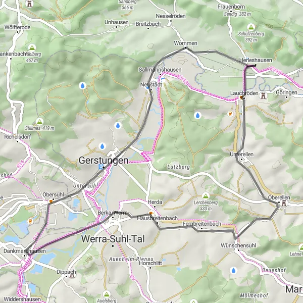 Map miniature of "Lauchröden - Untersuhl - Lengforst Loop" cycling inspiration in Kassel, Germany. Generated by Tarmacs.app cycling route planner