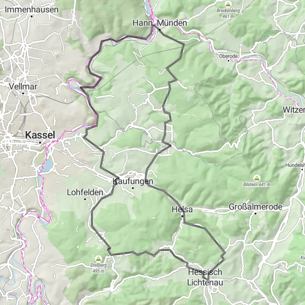 Karten-Miniaturansicht der Radinspiration "Tour zu den Gipfeln rund um Hessisch Lichtenau" in Kassel, Germany. Erstellt vom Tarmacs.app-Routenplaner für Radtouren