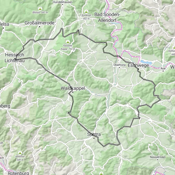 Karten-Miniaturansicht der Radinspiration "Panoramafahrt durch die Wälder und Berge" in Kassel, Germany. Erstellt vom Tarmacs.app-Routenplaner für Radtouren