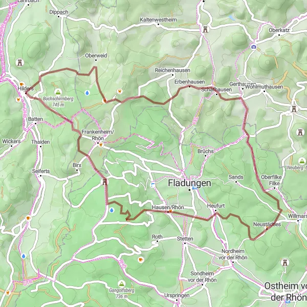 Map miniature of "Rhön Gravel Adventure" cycling inspiration in Kassel, Germany. Generated by Tarmacs.app cycling route planner