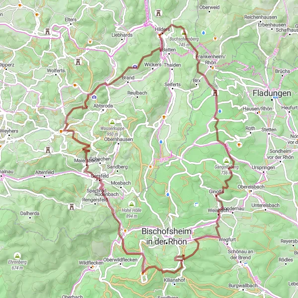 Map miniature of "Rhön Rhombus: Hilders Kreuzberg Loop" cycling inspiration in Kassel, Germany. Generated by Tarmacs.app cycling route planner