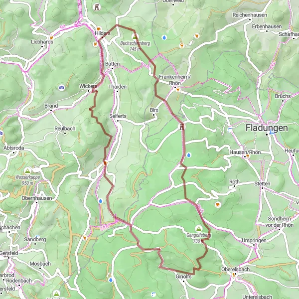 Map miniature of "Gravel Adventure: Hilders Steinerner Torbogen Loop" cycling inspiration in Kassel, Germany. Generated by Tarmacs.app cycling route planner