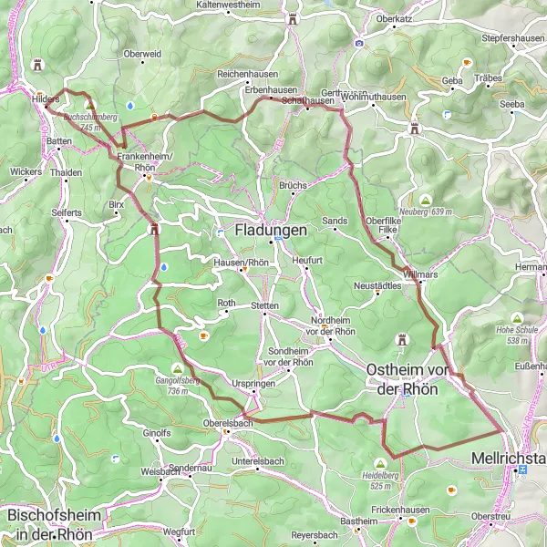 Map miniature of "Exploring the Rhön: Streufelsberg Loop" cycling inspiration in Kassel, Germany. Generated by Tarmacs.app cycling route planner