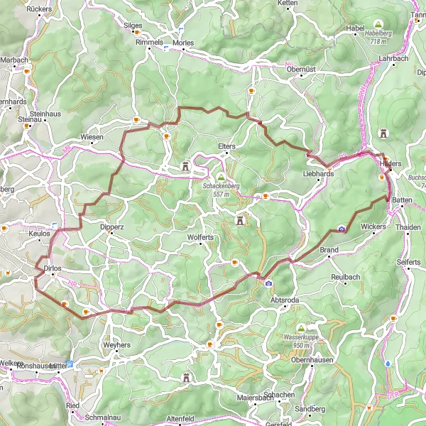 Map miniature of "Schneeberg Gravel Loop" cycling inspiration in Kassel, Germany. Generated by Tarmacs.app cycling route planner