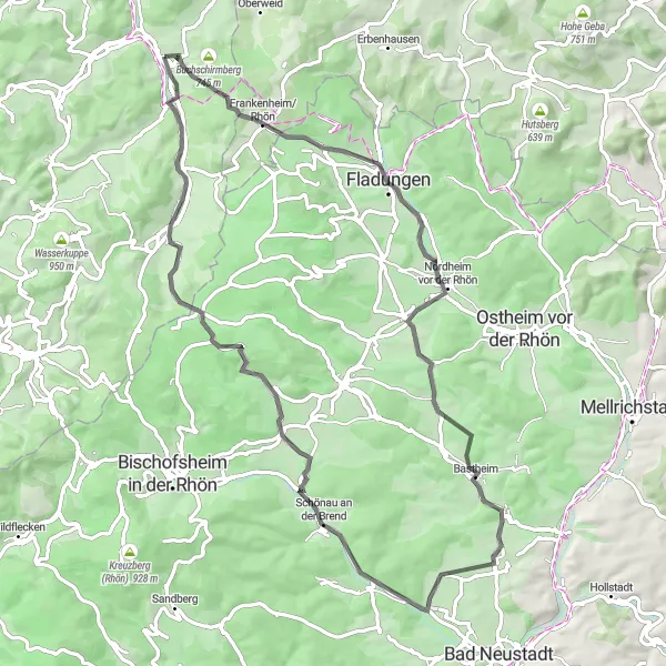 Karten-Miniaturansicht der Radinspiration "Rhön Rundtour" in Kassel, Germany. Erstellt vom Tarmacs.app-Routenplaner für Radtouren