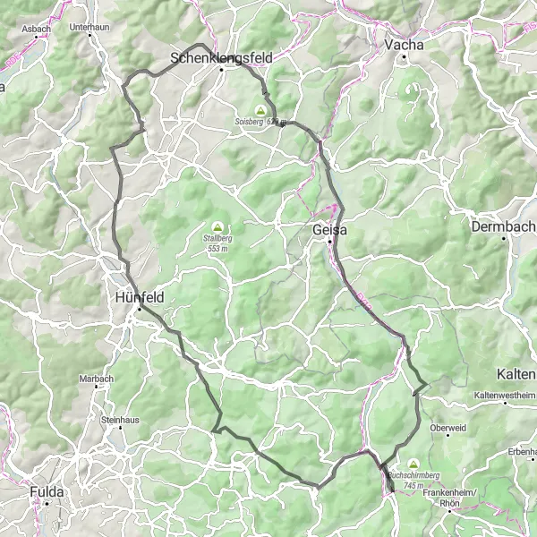 Karten-Miniaturansicht der Radinspiration "Fulda und Hünfeld Tour" in Kassel, Germany. Erstellt vom Tarmacs.app-Routenplaner für Radtouren