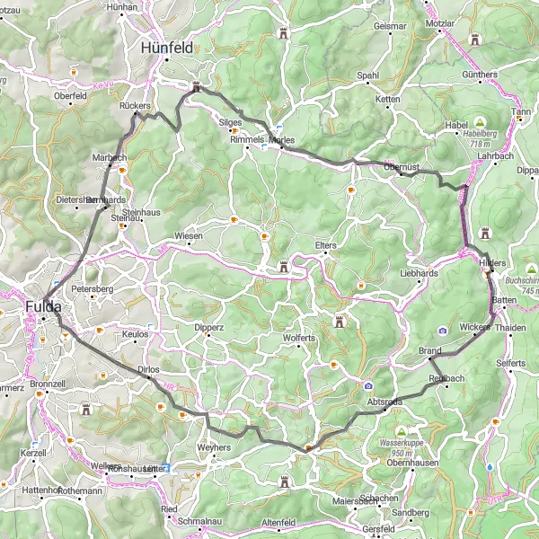 Map miniature of "Wasserkuppe Ride" cycling inspiration in Kassel, Germany. Generated by Tarmacs.app cycling route planner