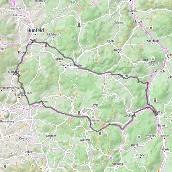 Map miniature of "Hilders Oberbernhards Loop" cycling inspiration in Kassel, Germany. Generated by Tarmacs.app cycling route planner