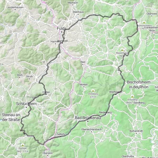 Map miniature of "Rhön Cycle Route" cycling inspiration in Kassel, Germany. Generated by Tarmacs.app cycling route planner