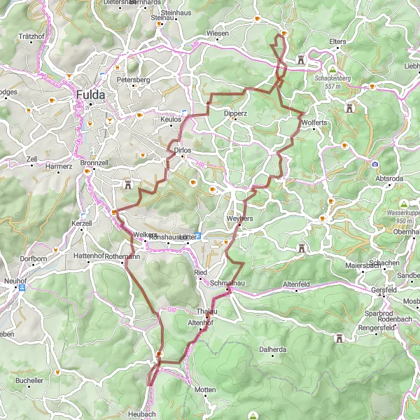 Map miniature of "Scenic gravel cycling route near Hofbieber" cycling inspiration in Kassel, Germany. Generated by Tarmacs.app cycling route planner