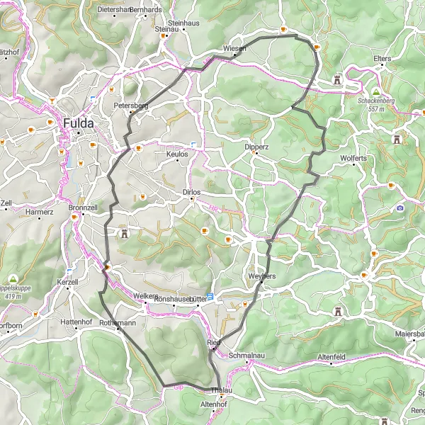 Karten-Miniaturansicht der Radinspiration "Panorama-Tour in der Rhön" in Kassel, Germany. Erstellt vom Tarmacs.app-Routenplaner für Radtouren