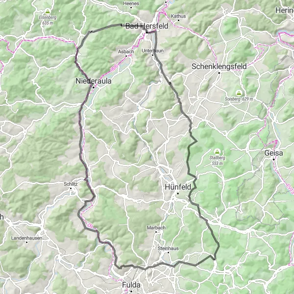 Map miniature of "Challenging Road Cycling Epic" cycling inspiration in Kassel, Germany. Generated by Tarmacs.app cycling route planner