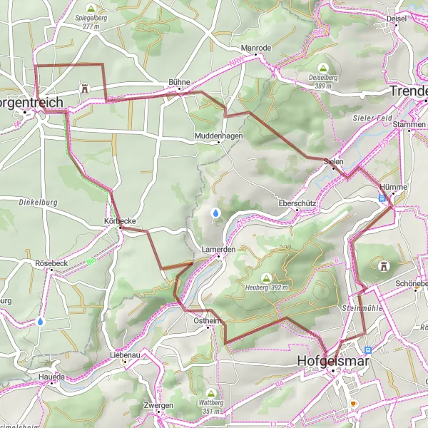 Map miniature of "Körbecke to Hümme Gravel Route" cycling inspiration in Kassel, Germany. Generated by Tarmacs.app cycling route planner