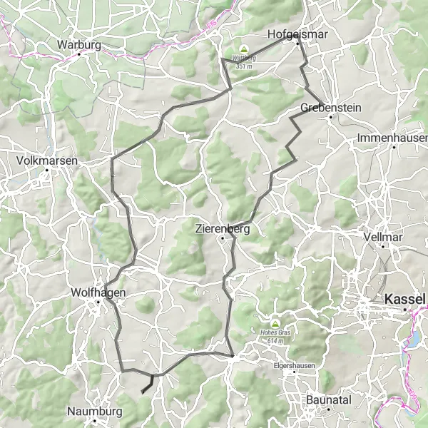 Karten-Miniaturansicht der Radinspiration "Scenic Route through Northern Hessen: Hofgeismar to Rosenberg" in Kassel, Germany. Erstellt vom Tarmacs.app-Routenplaner für Radtouren