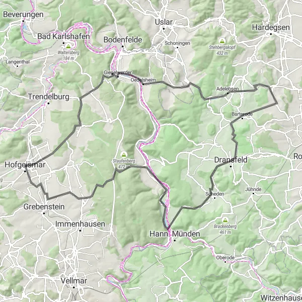 Karten-Miniaturansicht der Radinspiration "Through the Hills of Reinhardswald: Hofgeismar to Steinbruch Grebenstein" in Kassel, Germany. Erstellt vom Tarmacs.app-Routenplaner für Radtouren