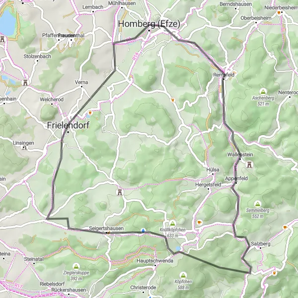 Map miniature of "Relaxed Road Cycling Loop near Homberg" cycling inspiration in Kassel, Germany. Generated by Tarmacs.app cycling route planner