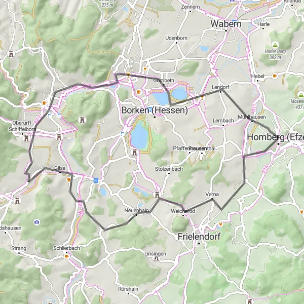 Map miniature of "Caßdorf Ride" cycling inspiration in Kassel, Germany. Generated by Tarmacs.app cycling route planner