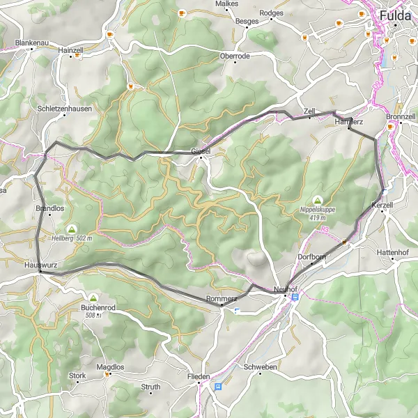 Map miniature of "Exploring the Vogelsberg" cycling inspiration in Kassel, Germany. Generated by Tarmacs.app cycling route planner