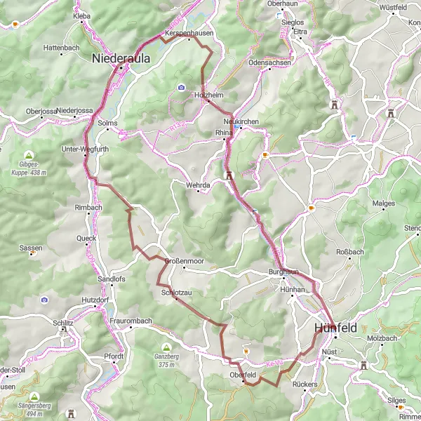 Map miniature of "Countryside Gravel Loop" cycling inspiration in Kassel, Germany. Generated by Tarmacs.app cycling route planner