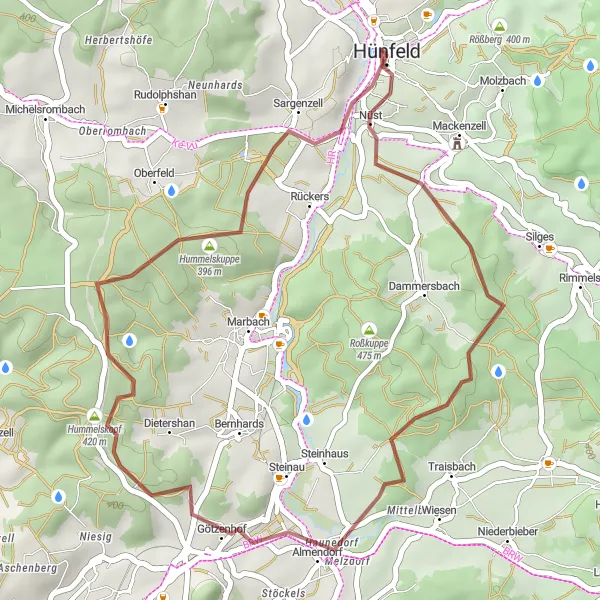 Karten-Miniaturansicht der Radinspiration "Fahrt durch die Natur rund um Hünfeld" in Kassel, Germany. Erstellt vom Tarmacs.app-Routenplaner für Radtouren