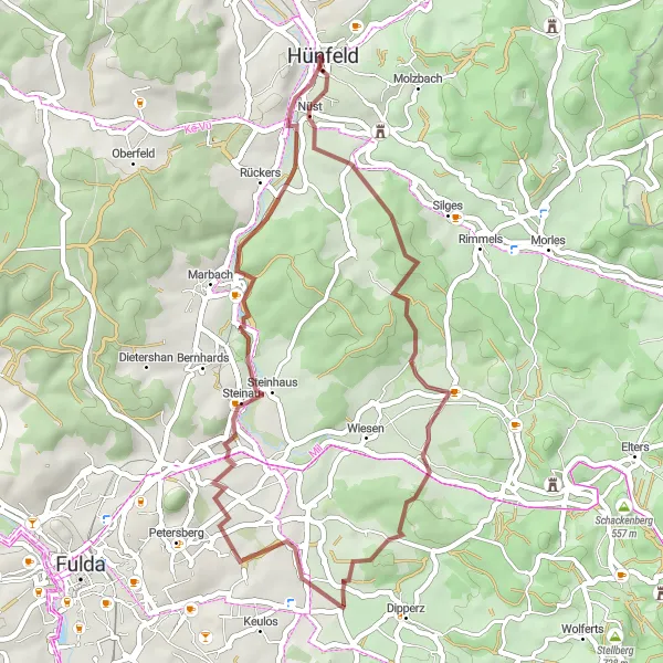 Map miniature of "Hünfeld Countryside Ride" cycling inspiration in Kassel, Germany. Generated by Tarmacs.app cycling route planner