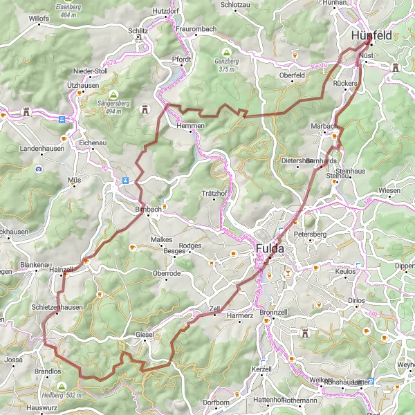 Karten-Miniaturansicht der Radinspiration "Rundweg um Hünfeld - Erkundung der Natur und Kultur" in Kassel, Germany. Erstellt vom Tarmacs.app-Routenplaner für Radtouren