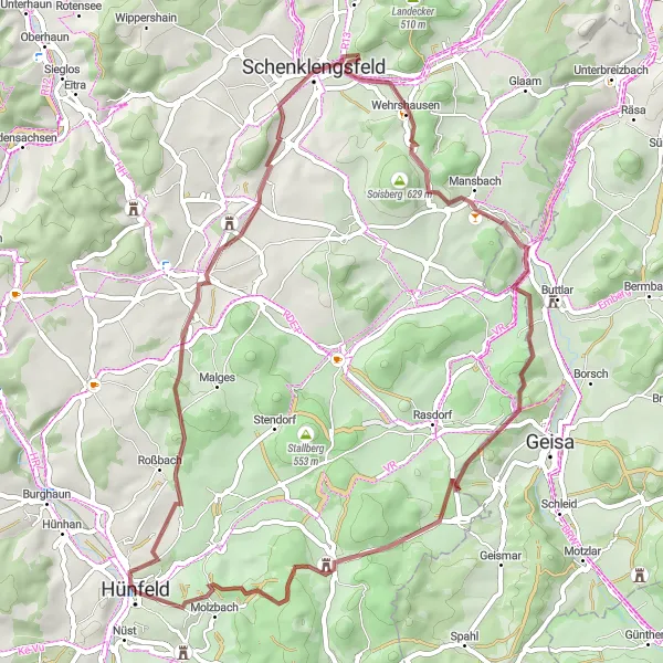 Map miniature of "Hofberg Gravel Ride" cycling inspiration in Kassel, Germany. Generated by Tarmacs.app cycling route planner