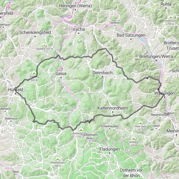 Map miniature of "Legendary Hünfeld Exploration" cycling inspiration in Kassel, Germany. Generated by Tarmacs.app cycling route planner