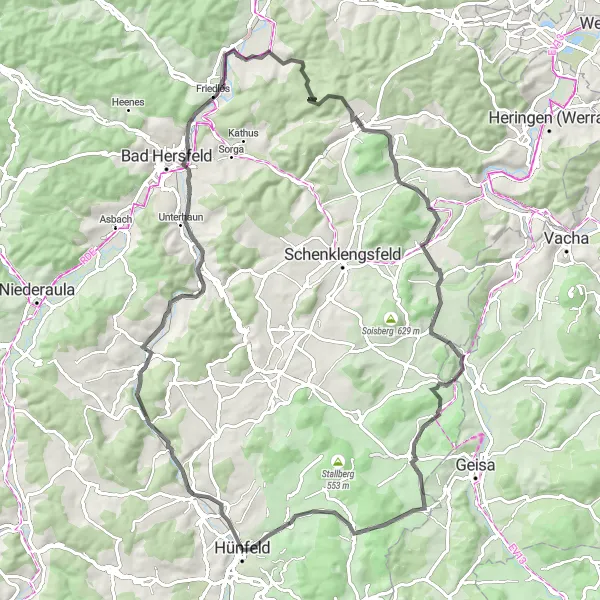 Map miniature of "Kassel Road Adventure" cycling inspiration in Kassel, Germany. Generated by Tarmacs.app cycling route planner